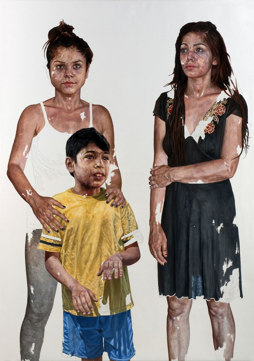 Daniel Brici, Toto and His Sisters, 2014, Pencil, oil on canvas, 100 x 70 cm, courtesy Alexander Nanau Production