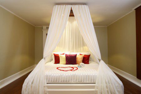 http://homeozoic.com/perfectly-romantic-bedroom-design-ideas-for-newlyweds/simple-romantic-honeymoon-beds-including-white-canopy-mosquito-netting/